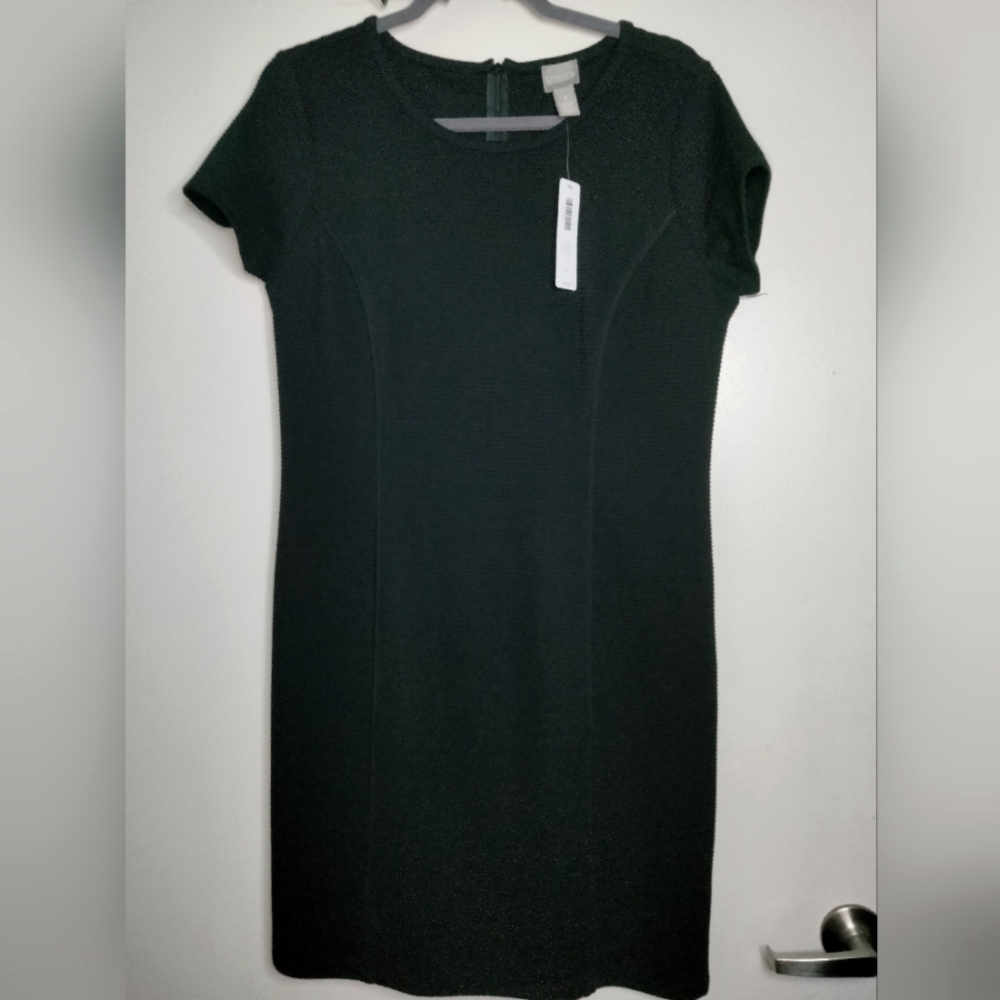 Chico's (Size 1/M/8) Black Stretch Ribbed Texture Zip SS Sheath Dress (NEW-NWT)